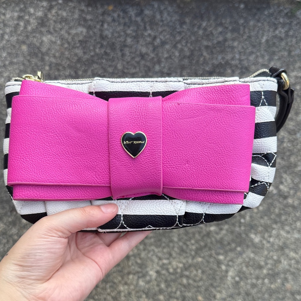 Betsey Johnson Black and White Striped Clutch with Pink Bow
